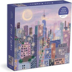 USED City Lights 1000 Piece Puzzle features a lavender lit city scene at night